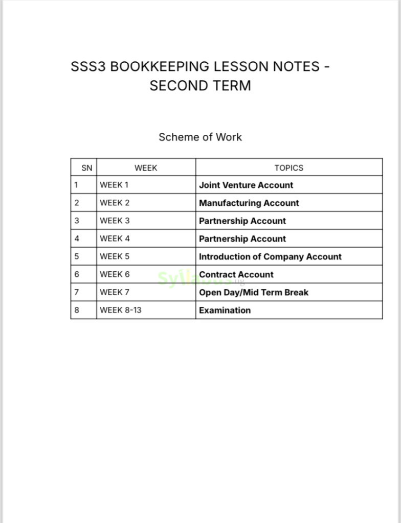 SS3 Bookkeeping Lesson Notes | 1st, 2nd and 3rd Term | Get PDF ...