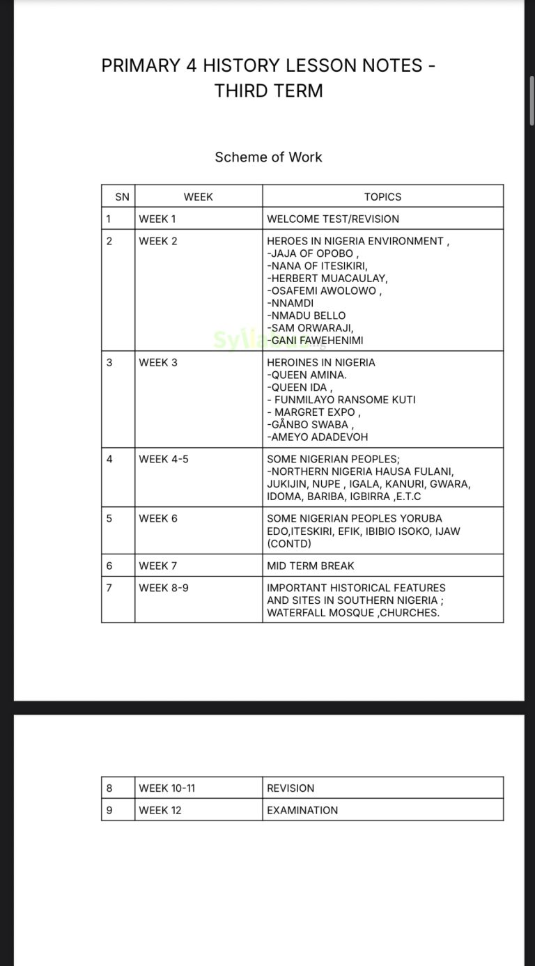 Primary 4 History Lesson Notes | 1st, 2nd & 3rd Term | Download ...
