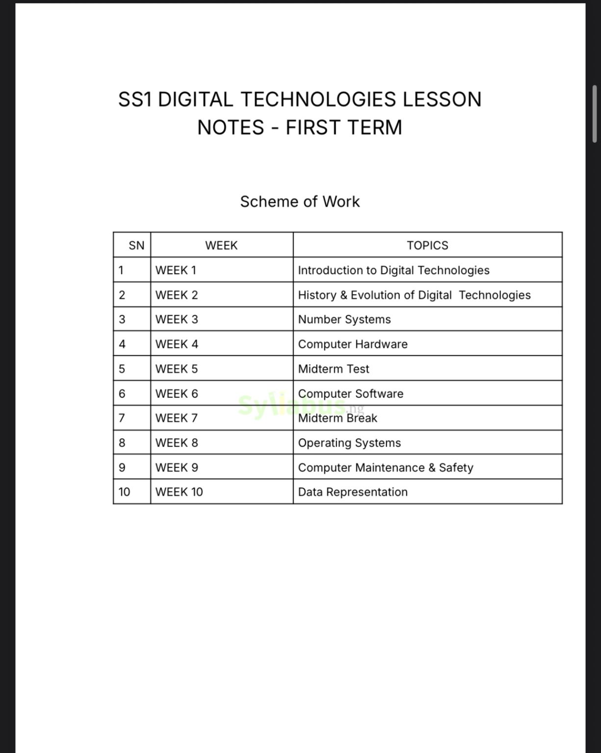 SS1 Digital Technology Lesson Notes 1st , 2nd &3rd term| Pdf| - syllabus.ng