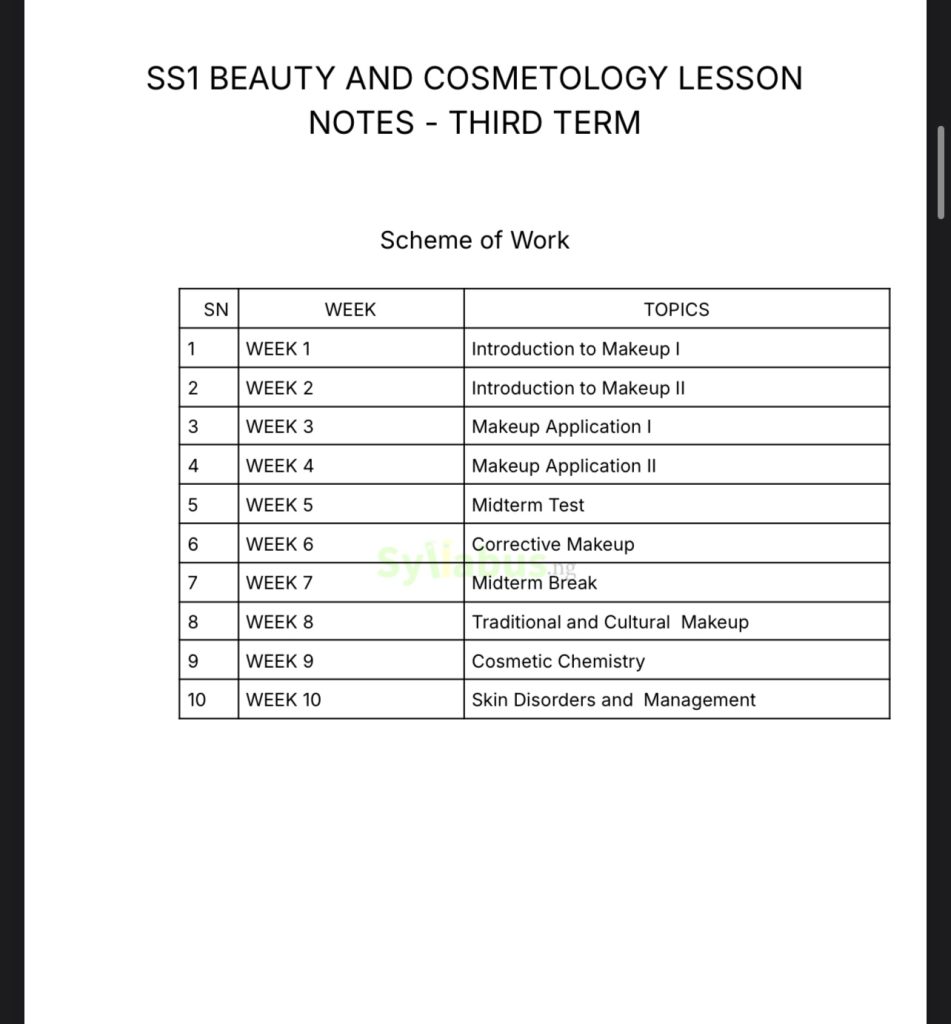 Cosmetology Notes.pdf SSS1 Beauty And Cosmetology Lesson Notes|1st, 2nd & 3rd Term - syllabus.ng